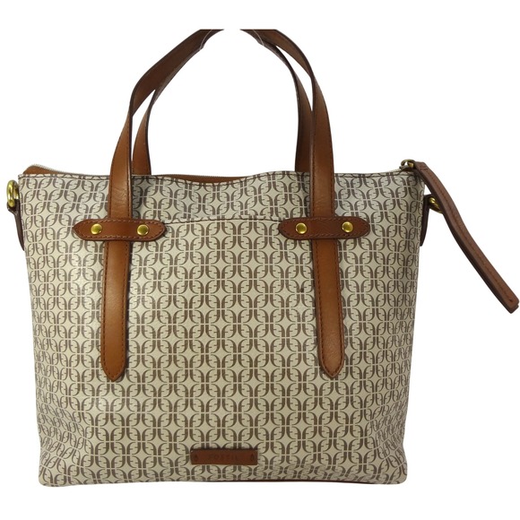 Fossil Felicity Tote Bag Wallet Set Signature Logo Taupe and Tan w Leather Trim - Picture 2 of 16